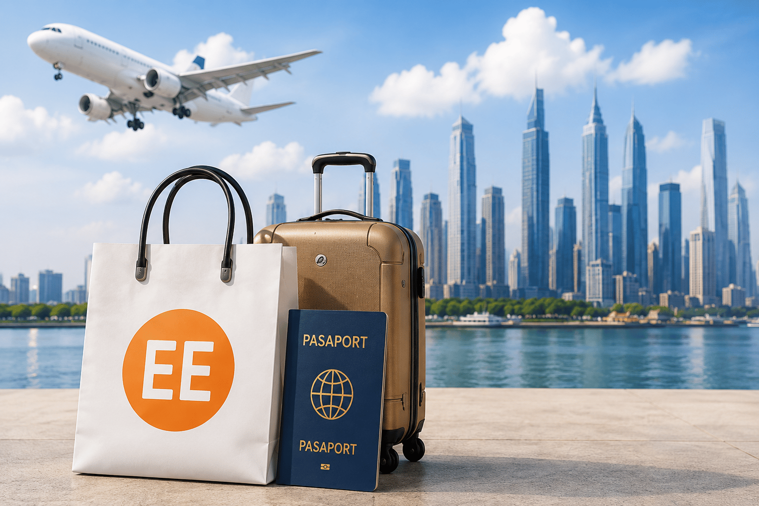 EE alışveriş çantası, valiz, pasaport, uçak ve şehir silüeti